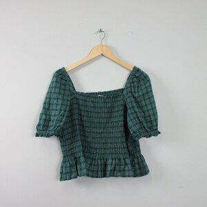 J.Crew Flannel Smocked Ruffle Top Women's L Green Cotton Puff Sleeves Preppy 164